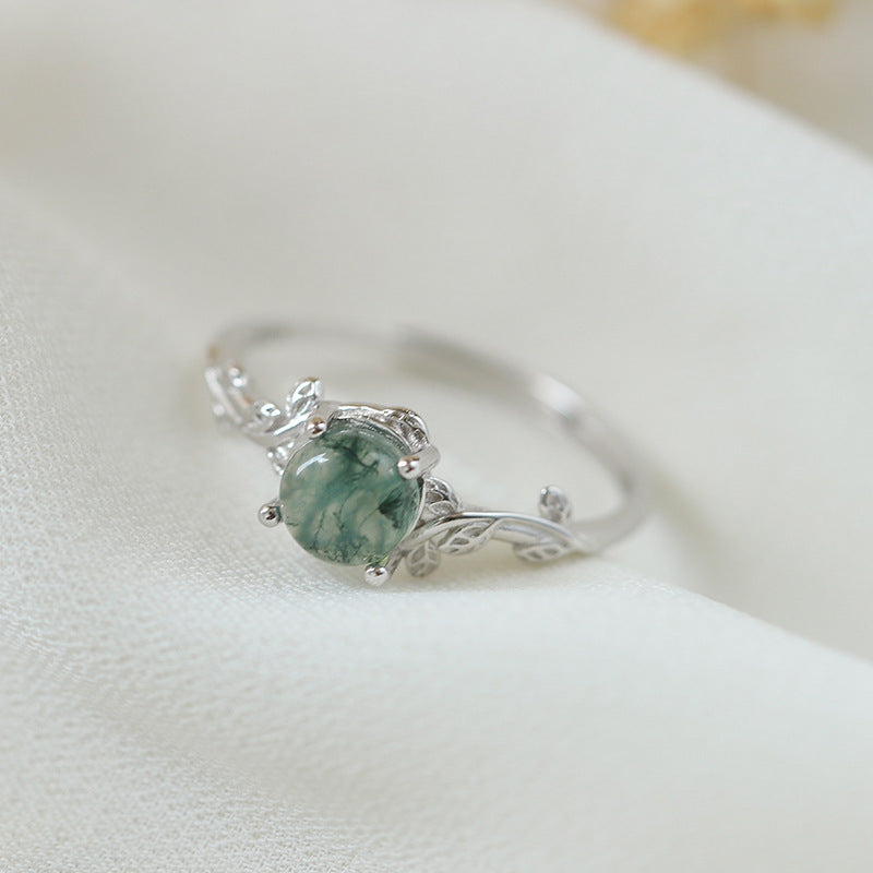 S925 Silver Green Moss Agate Ring