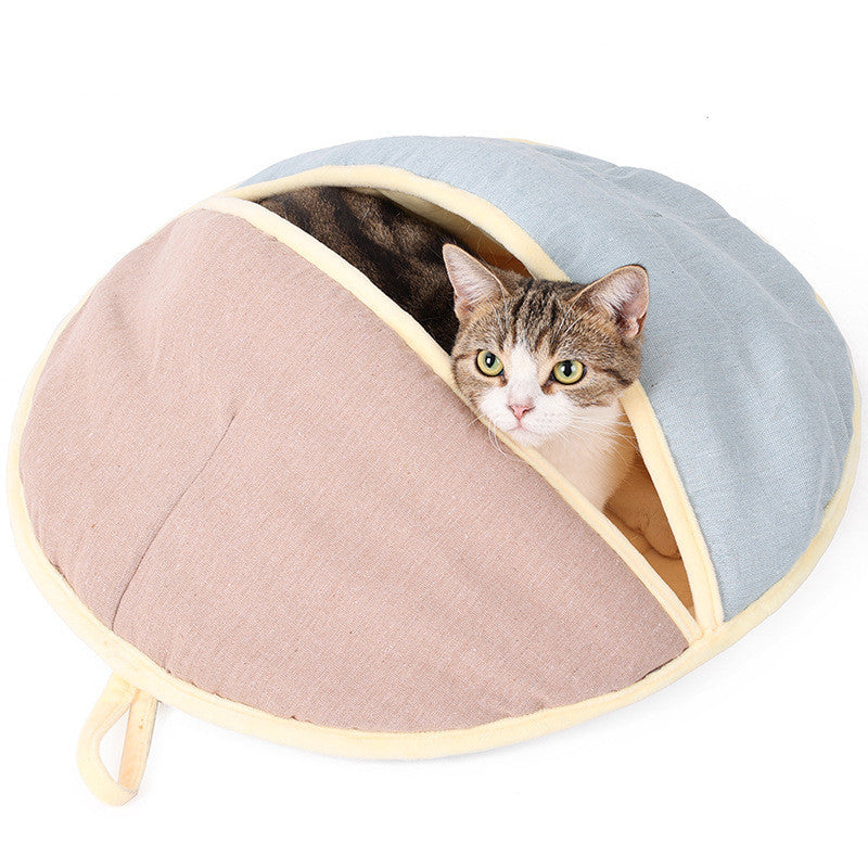 Round Cotton Linen Semi-Enclosed Pet Bed