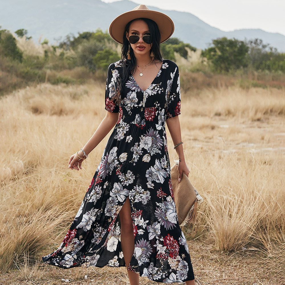 Women’s Floral V-Neck Summer Beach Dress