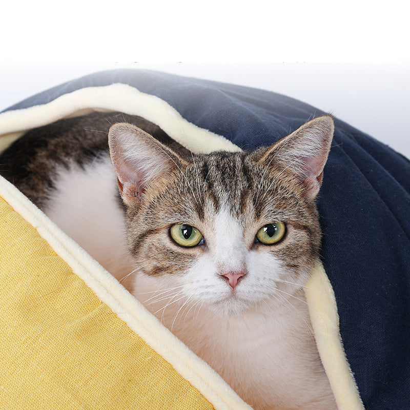 Round Cotton Linen Semi-Enclosed Pet Bed