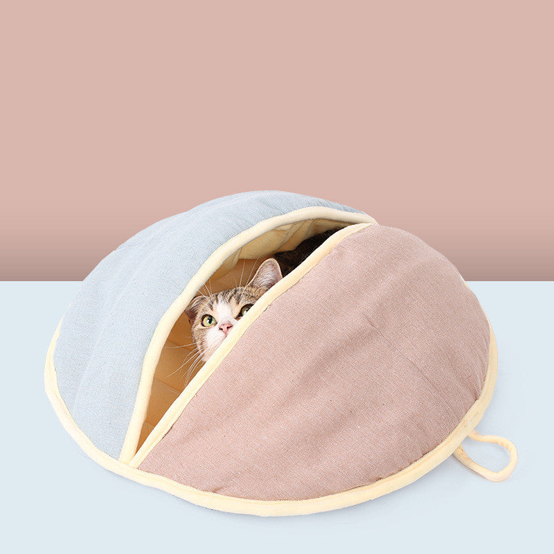 Round Cotton Linen Semi-Enclosed Pet Bed